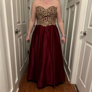 Beautiful Burgundy and Gold Prom Formal Dress